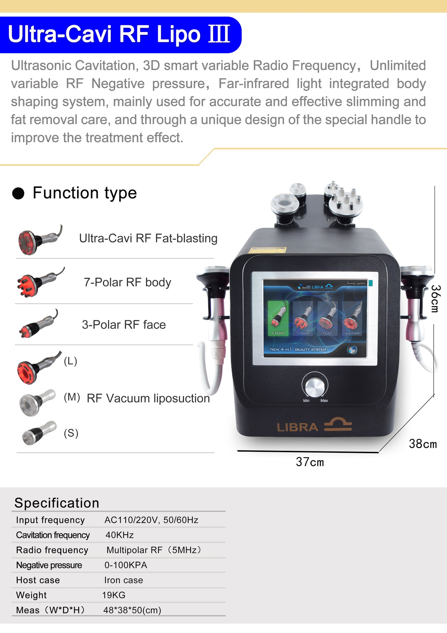 LIBRA Ultra-Cavi RF LIPO 6 en 1 Equipo de adelgazamiento por liposucción al vacío por radiofrecuencia de cavitación